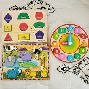 Set of 3 Melissa and Doug Puzzles Animals-Shapes-Clock